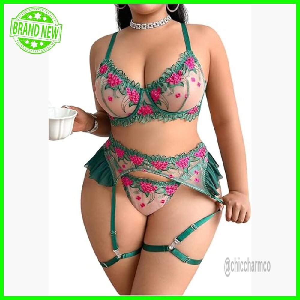 Plus Size Mesh Push Up Bra Panty Set Floral Lingerie Nightwear
